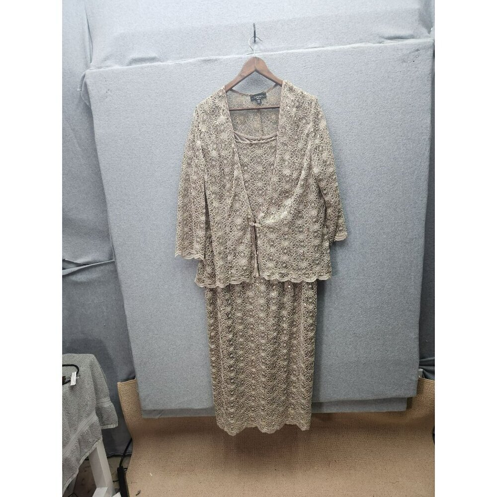 R&M Richards Womens 18W Lace & Sequin 2-Piece Dress With Jacket Beige Made In US